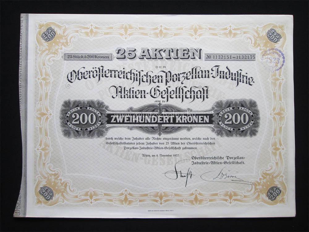 Felsõ-Ausztriai Porcelán-Ipar részvény 25x200 korona 1922 Bécs